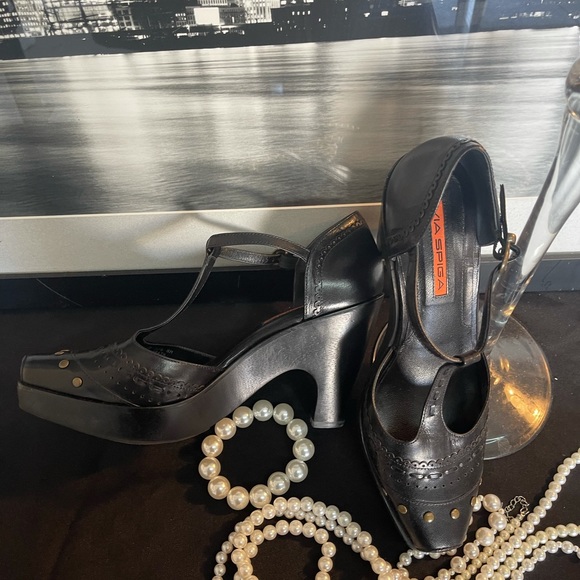 NEW VIA SPIGA VFrap BLK Leather Bambi Block Heels - Picture 5 of 14